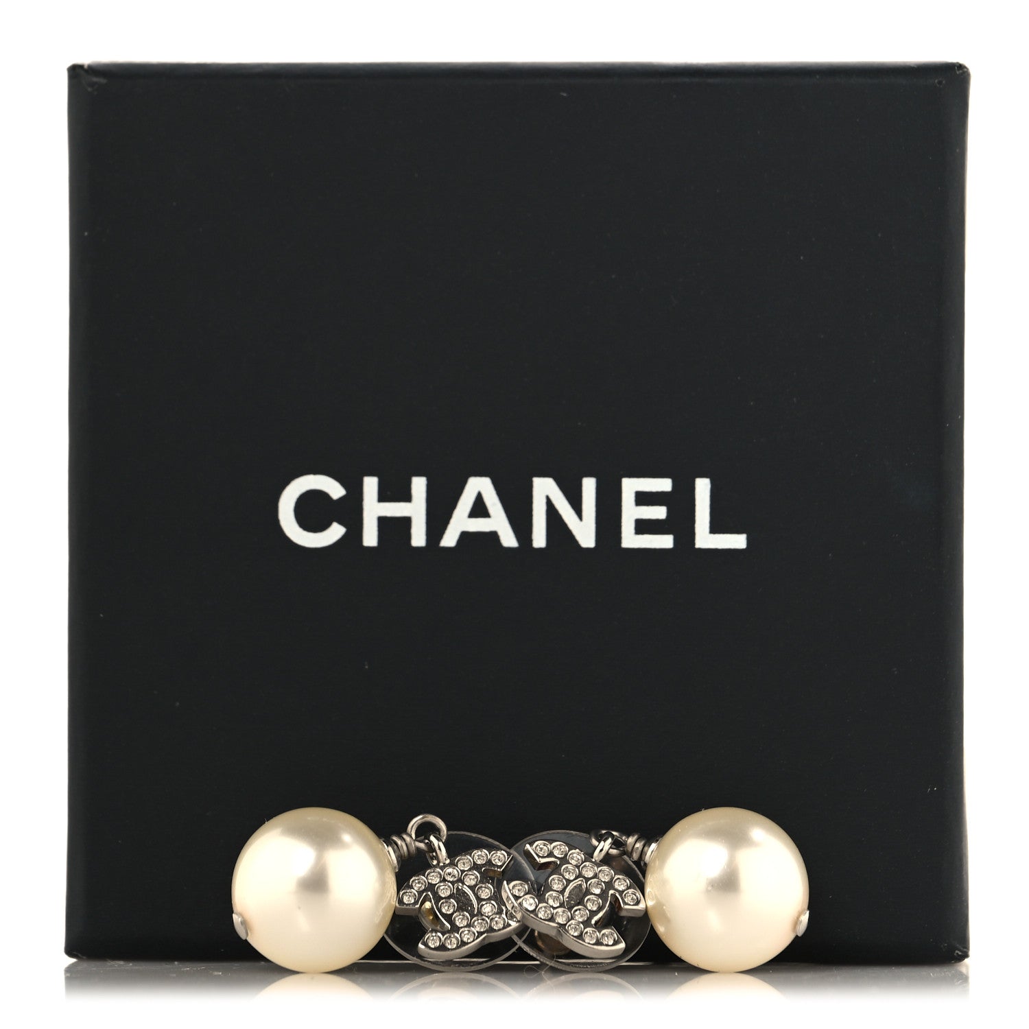 Chanel Crystal Pearl CC Drop Earrings Silver Pearly White 5 of 5