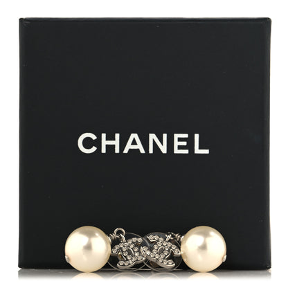 Chanel Crystal Pearl CC Drop Earrings Silver Pearly White 5 of 5