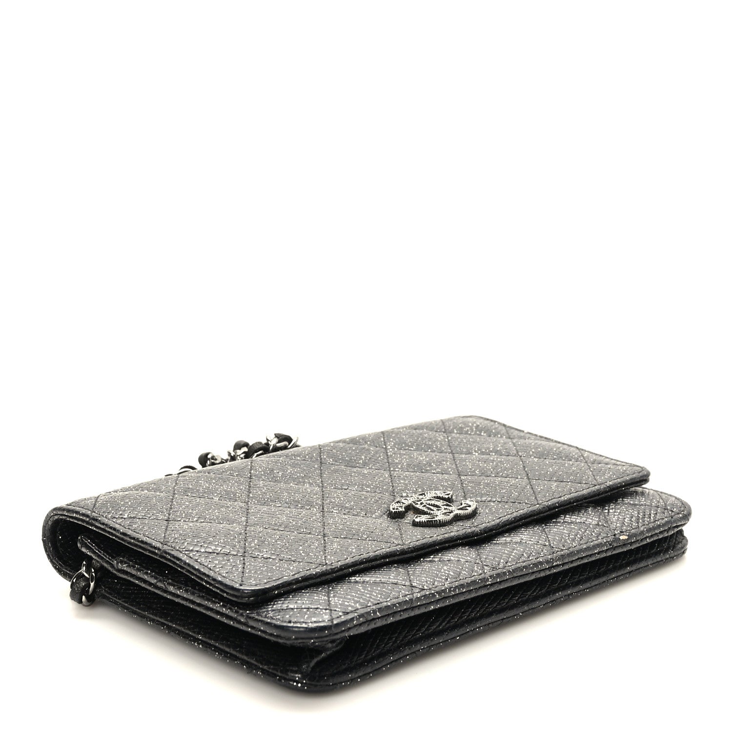 CHANEL メタリックキルティングラムスキン アイコン ウォレット Chanel Glitter Calfskin Quilted Wallet on Chain WOC Black Silver