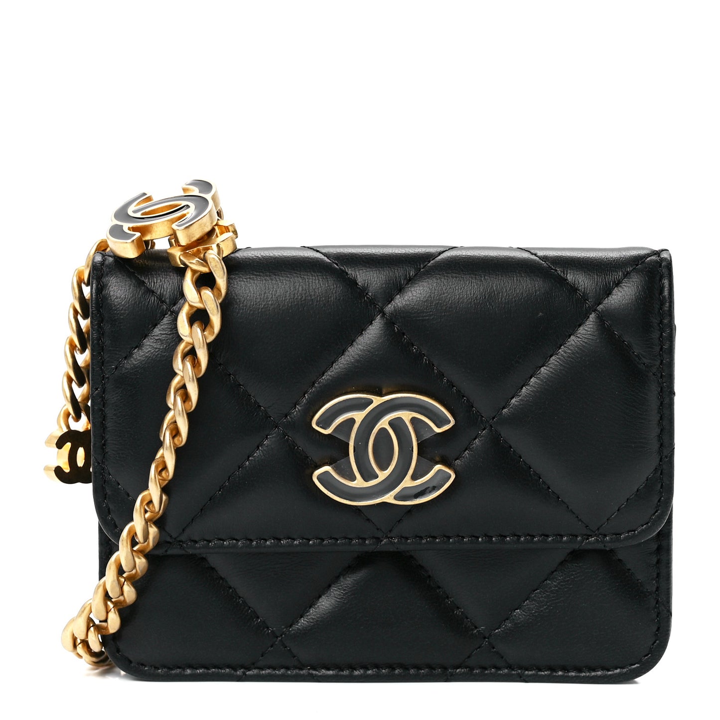 Lambskin Enamel Quilted Pending CC Flap Belt Bag Black