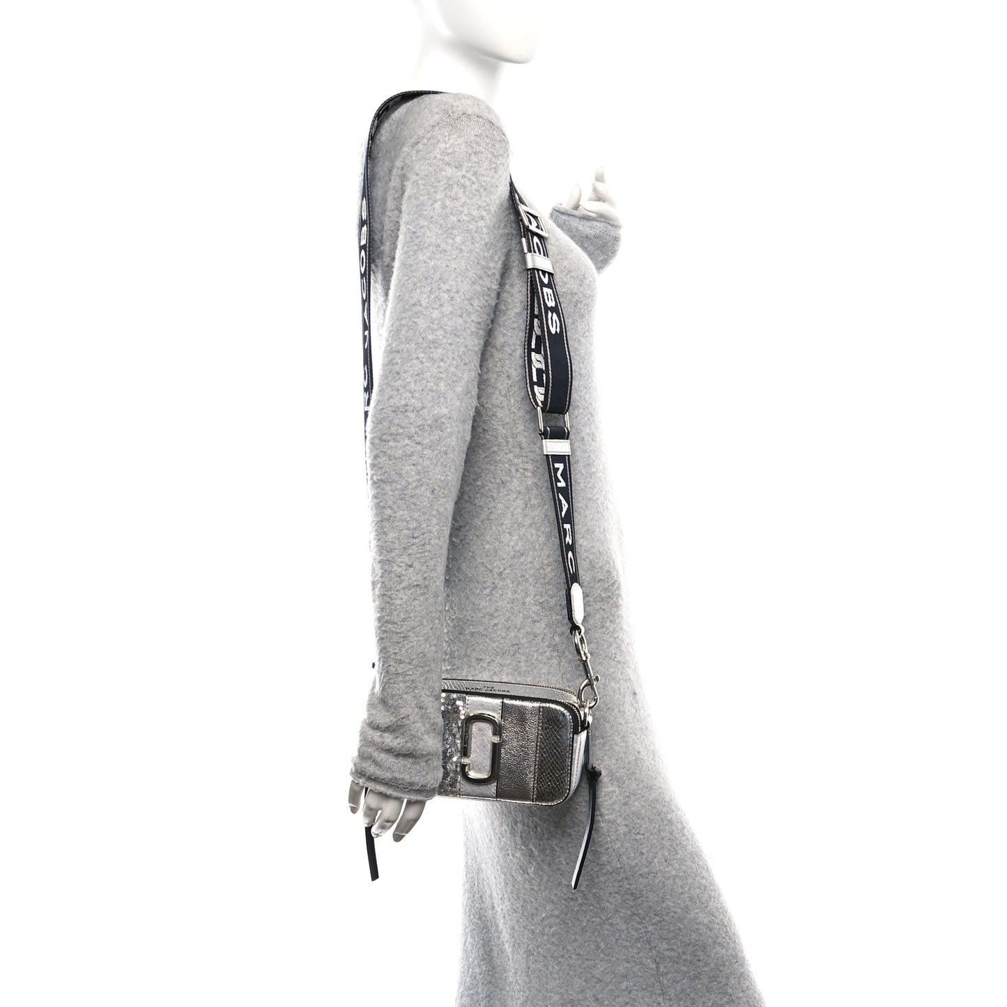 Metallic Sequin Snake Embossed Calfskin Stripe Snapshot Camera Bag Silver