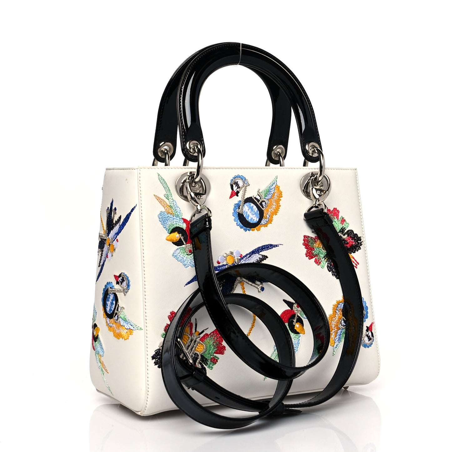 Smooth Calfskin Embroidered Medium Lady Dior White Multicolor