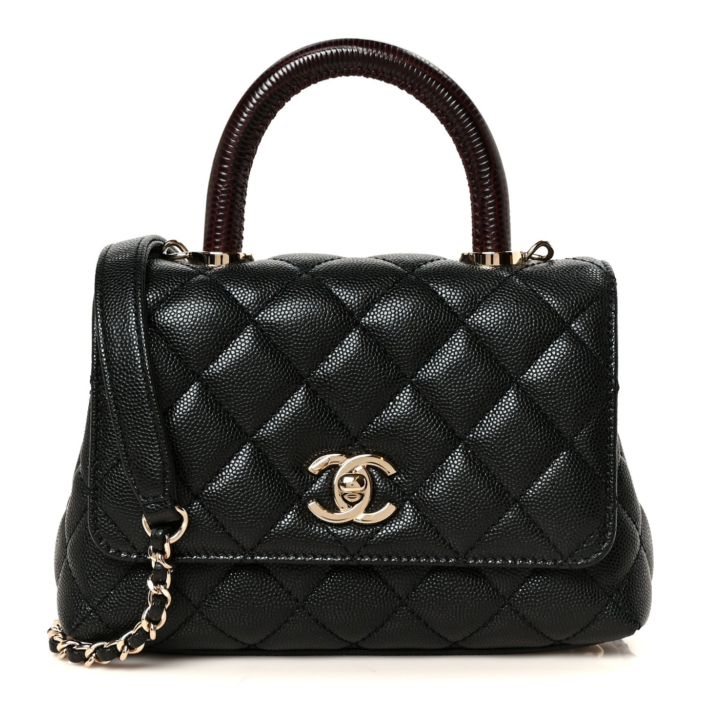 Caviar Lizard Embossed Quilted Extra Mini Coco Handle Flap Black