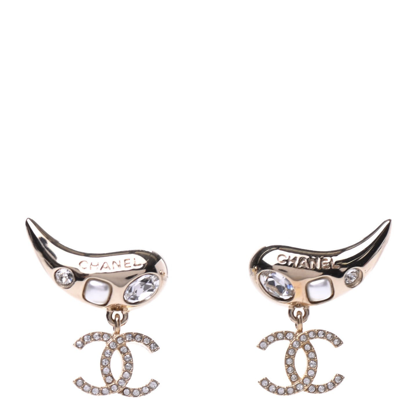 Crystal Pearl CC Drop Earrings Gold