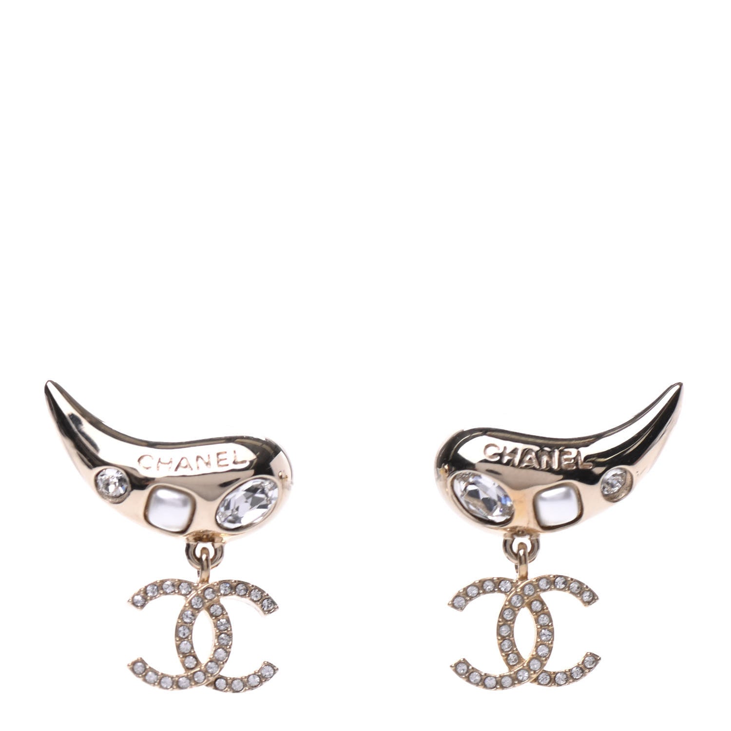 Chanel Crystal Pearl CC Drop Earrings Gold 1 of 5