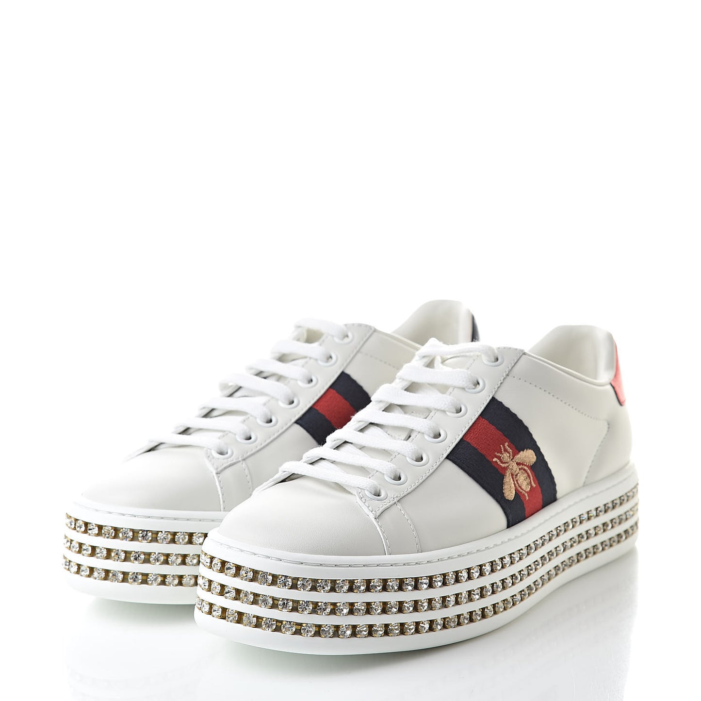 Calfskin Crystal Web Bee Embroidered Womens Ace Platform Sneakers 35.5 White
