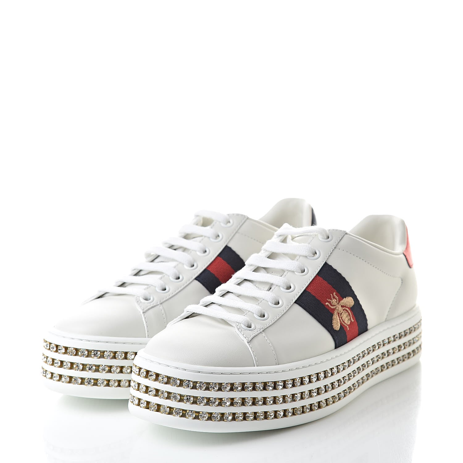 Gucci Calfskin Crystal Web Bee Embroidered Womens Ace Platform Sneakers 35.5 White 3 of 10