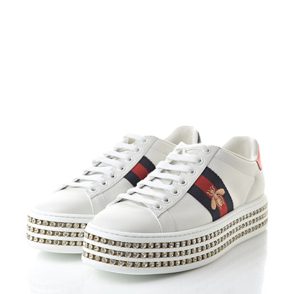 Gucci Calfskin Crystal Web Bee Embroidered Womens Ace Platform Sneakers 35.5 White 3 of 10