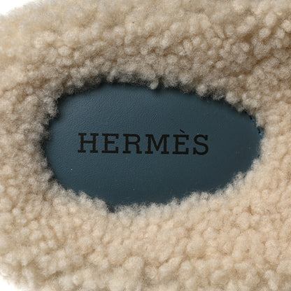 Hermes Suede Goatskin Woolskin Womens Chypre Sandals 39 Bleu Pinede Ecru 7 of 7