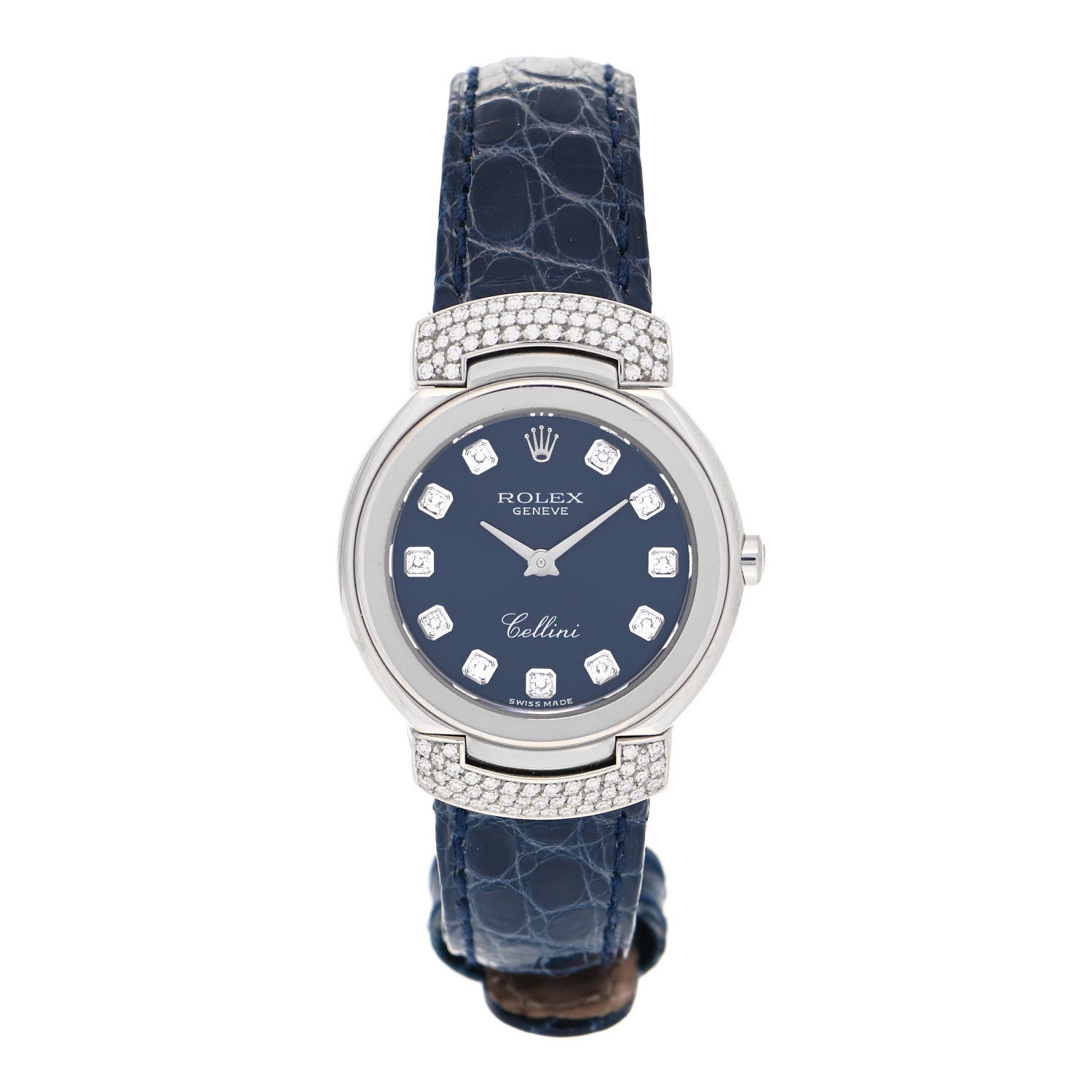 Rolex 18K White Gold Alligator Diamond 26mm Cellini Quartz Watch Blue 6672 1 of 4