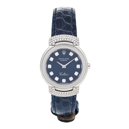 Rolex 18K White Gold Alligator Diamond 26mm Cellini Quartz Watch Blue 6672 1 of 4