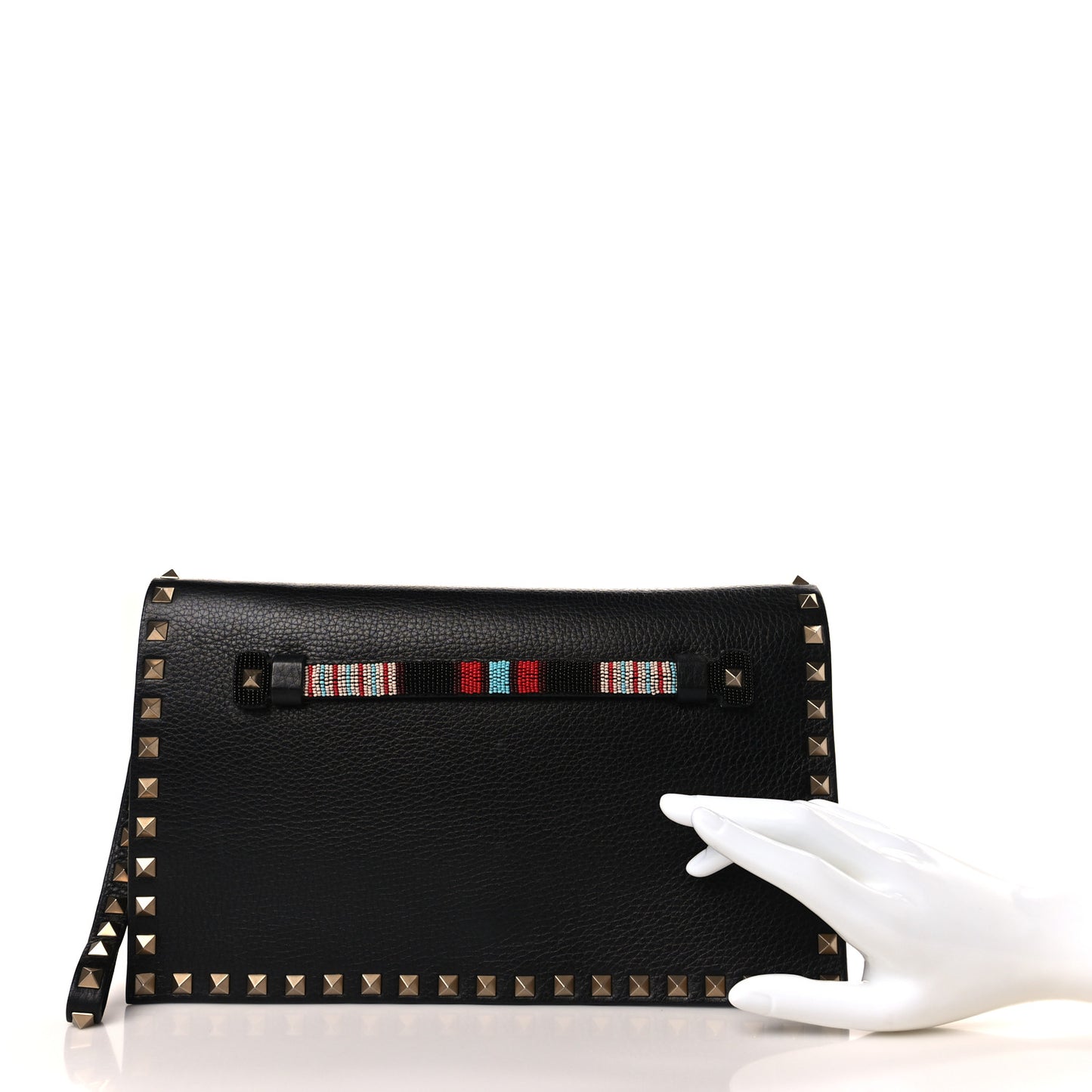 Pebbled Calfskin Beaded Strap Rockstud Medium Clutch Wristlet Black