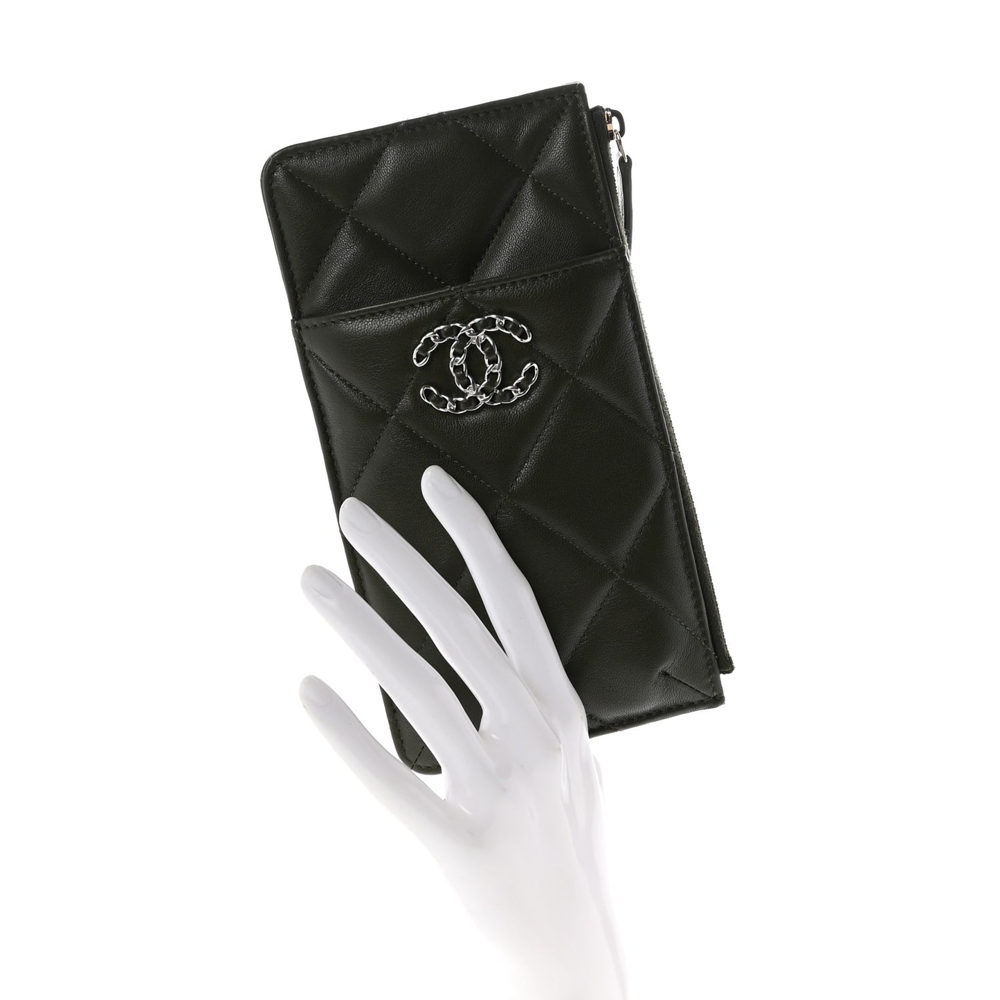 Lambskin Quilted Chanel 19 Phone and Card Holder Khaki