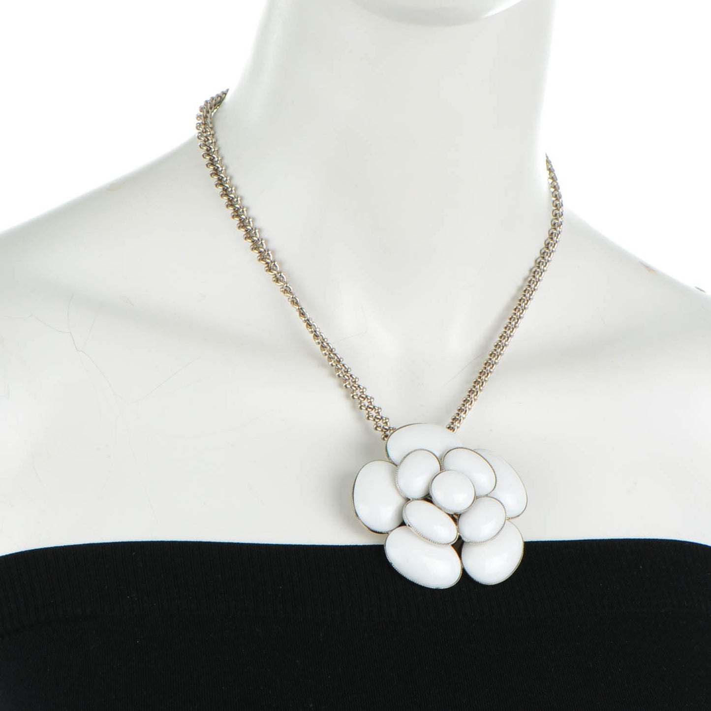 Enamel CC Camellia Pendant Necklace Silver White