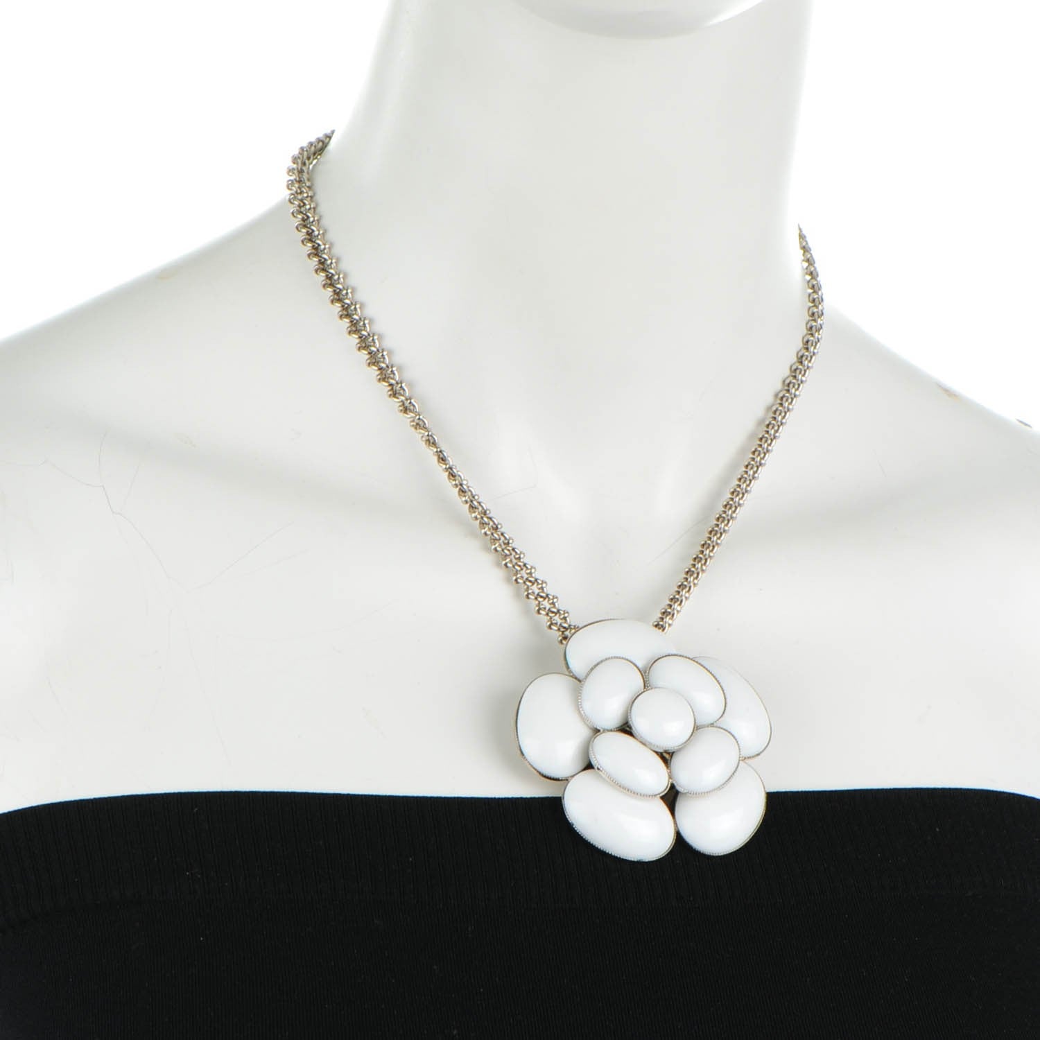 Chanel Enamel CC Camellia Pendant Necklace Silver White 2 of 5