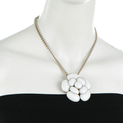 Chanel Enamel CC Camellia Pendant Necklace Silver White 2 of 5