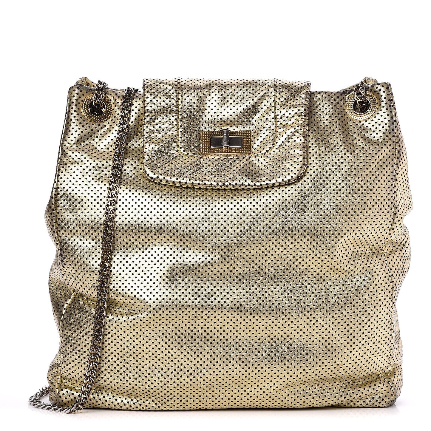 Metallic Crackled Calfskin Perforated Drill Shoulder Bag Gold