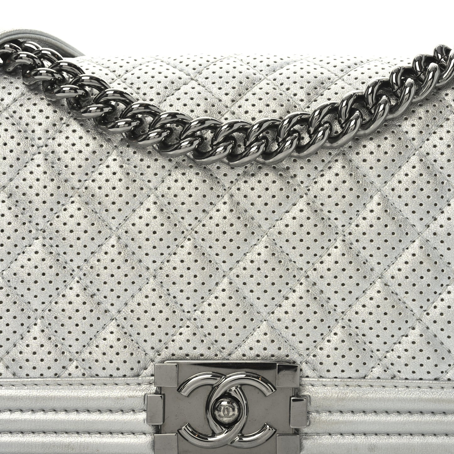 Metallic Lambskin Perforated Quilted Medium Boy Flap Argent