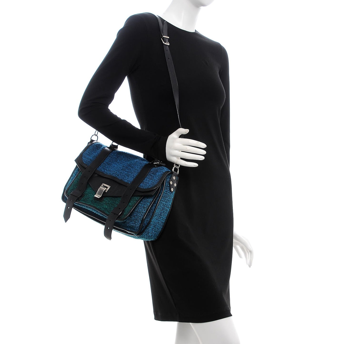 Tweed Calfskin Medium PS1 Satchel Emerald Cerulean Ocean