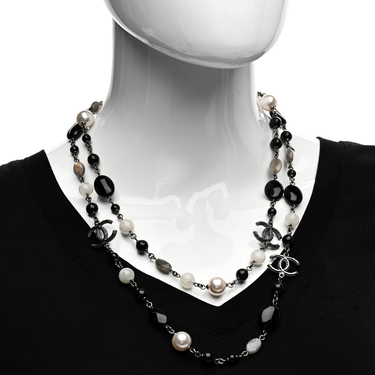 Ruthenium Pearl Beaded CC Long Necklace Black