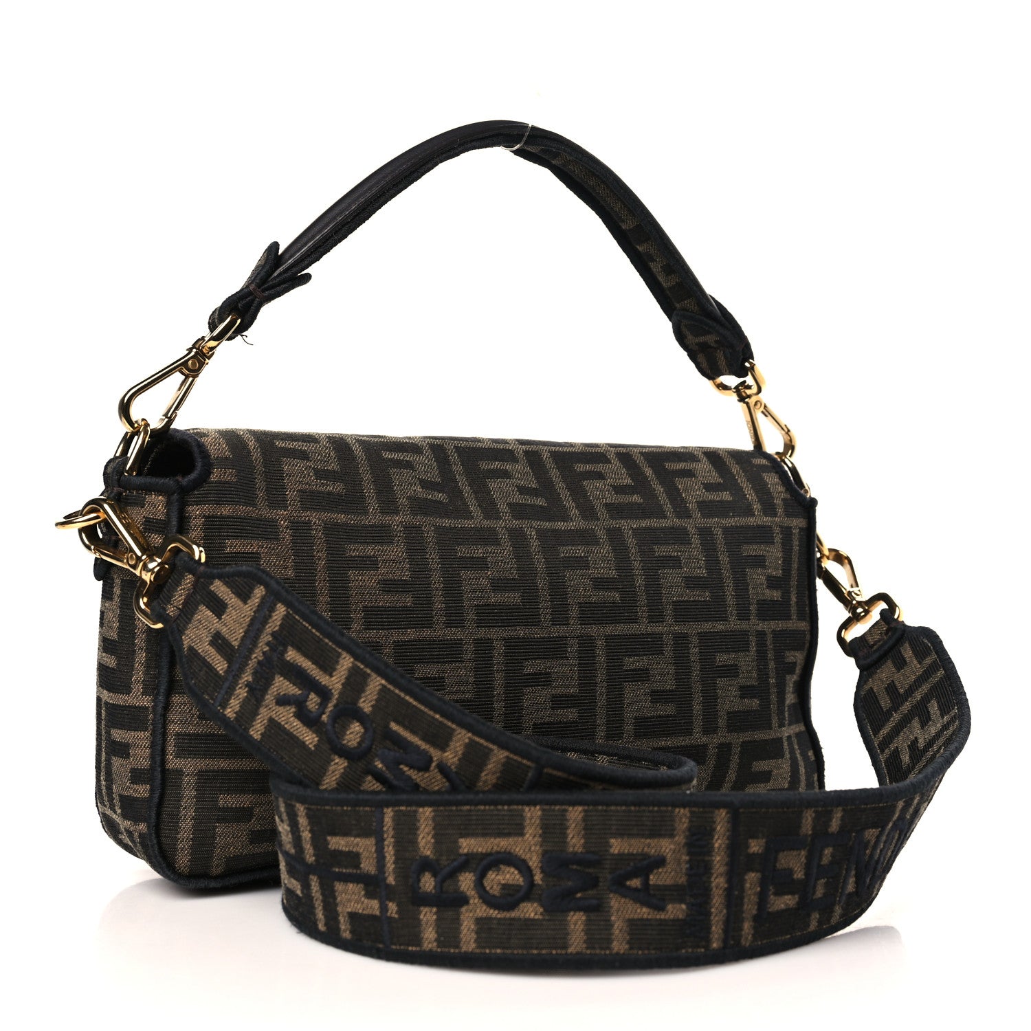 Fendi Fabric Jacquard FF 1974 Medium Baguette Tobacco Moro Black 3 of 9