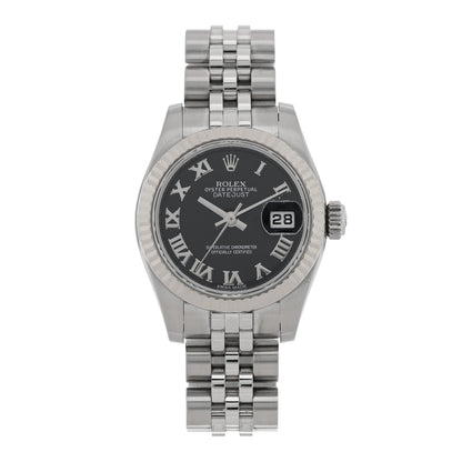 Rolex Stainless Steel 18K White Gold 26mm Oyster Perpetual Datejust Watch Black Roman 179174 1 of 5
