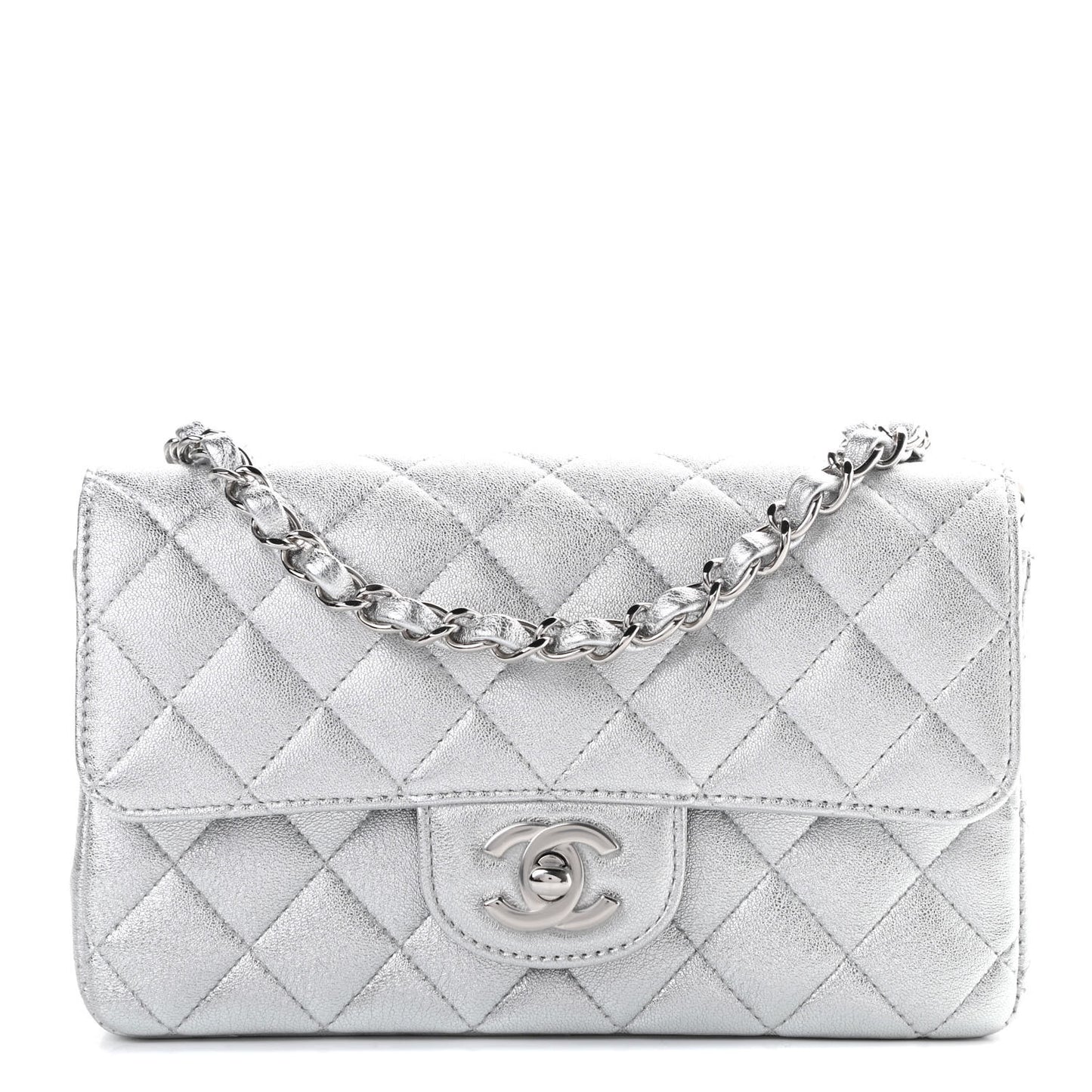 Metallic Lambskin Quilted Mini Rectangular Flap Silver
