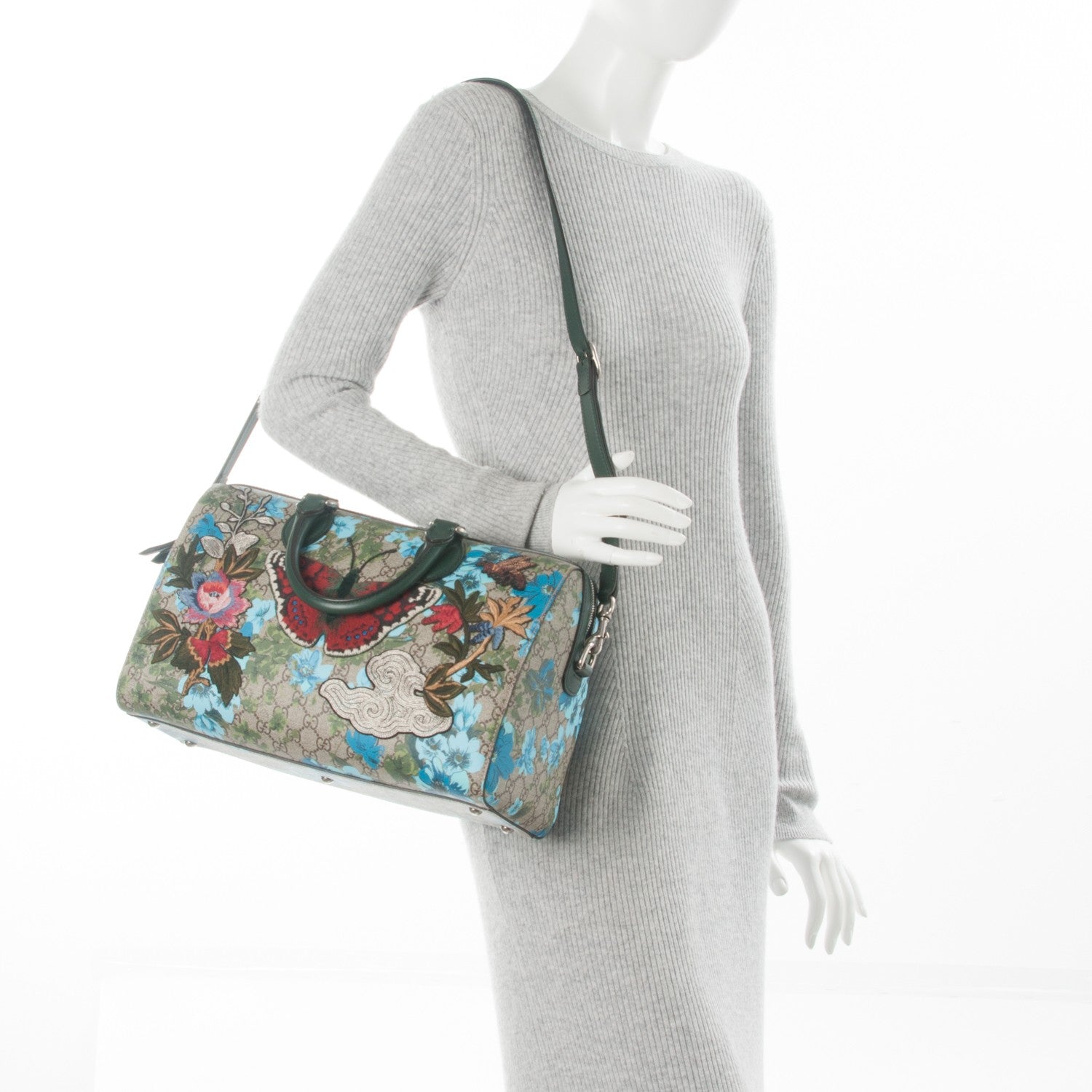 Gucci GG Supreme Monogram Bloom Butterfly Embroidered Medium Boston Green 2 of 7