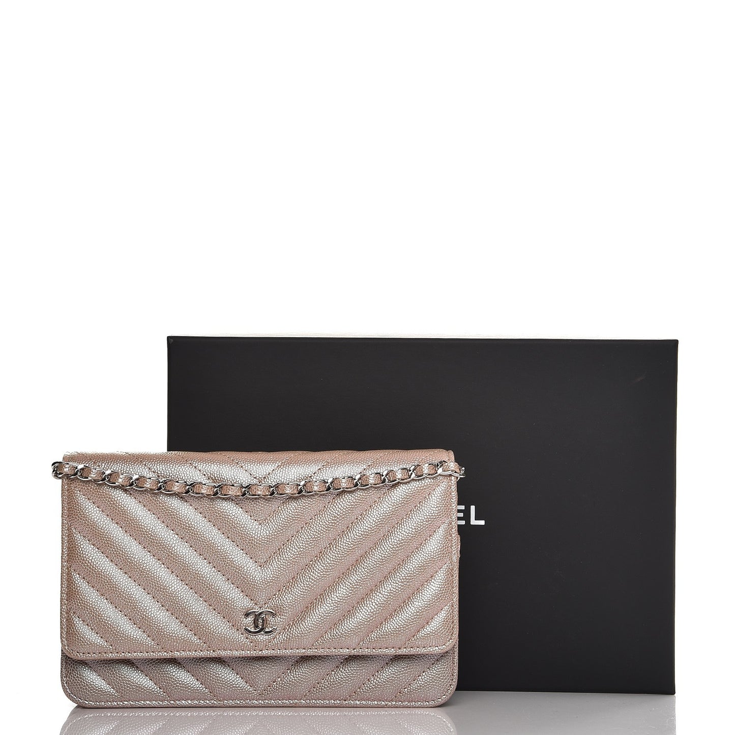 Metallic Caviar Chevron Quilted Wallet On Chain WOC Light Gold