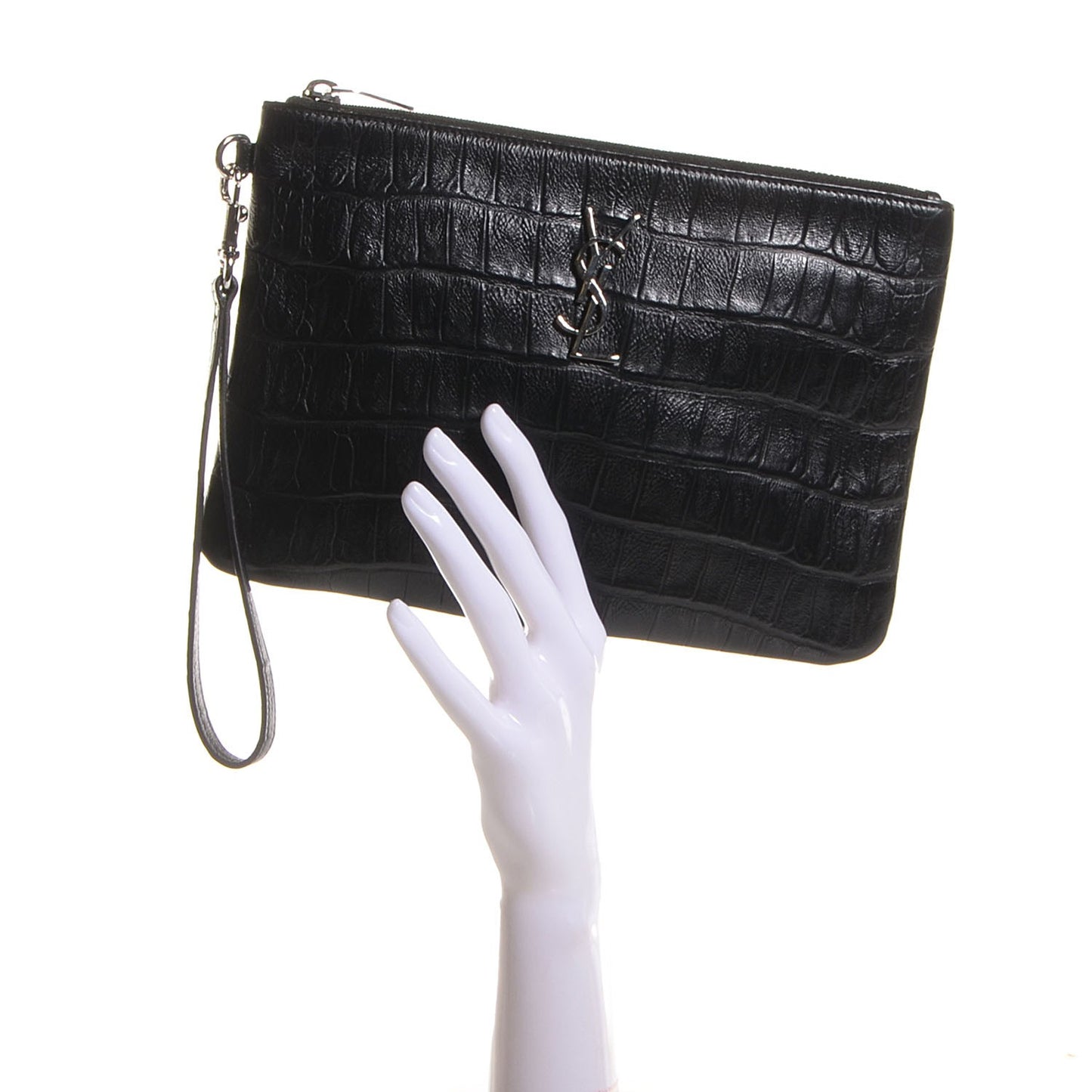 Calfskin Crocodile Embossed Monogram Zip Pouch Black