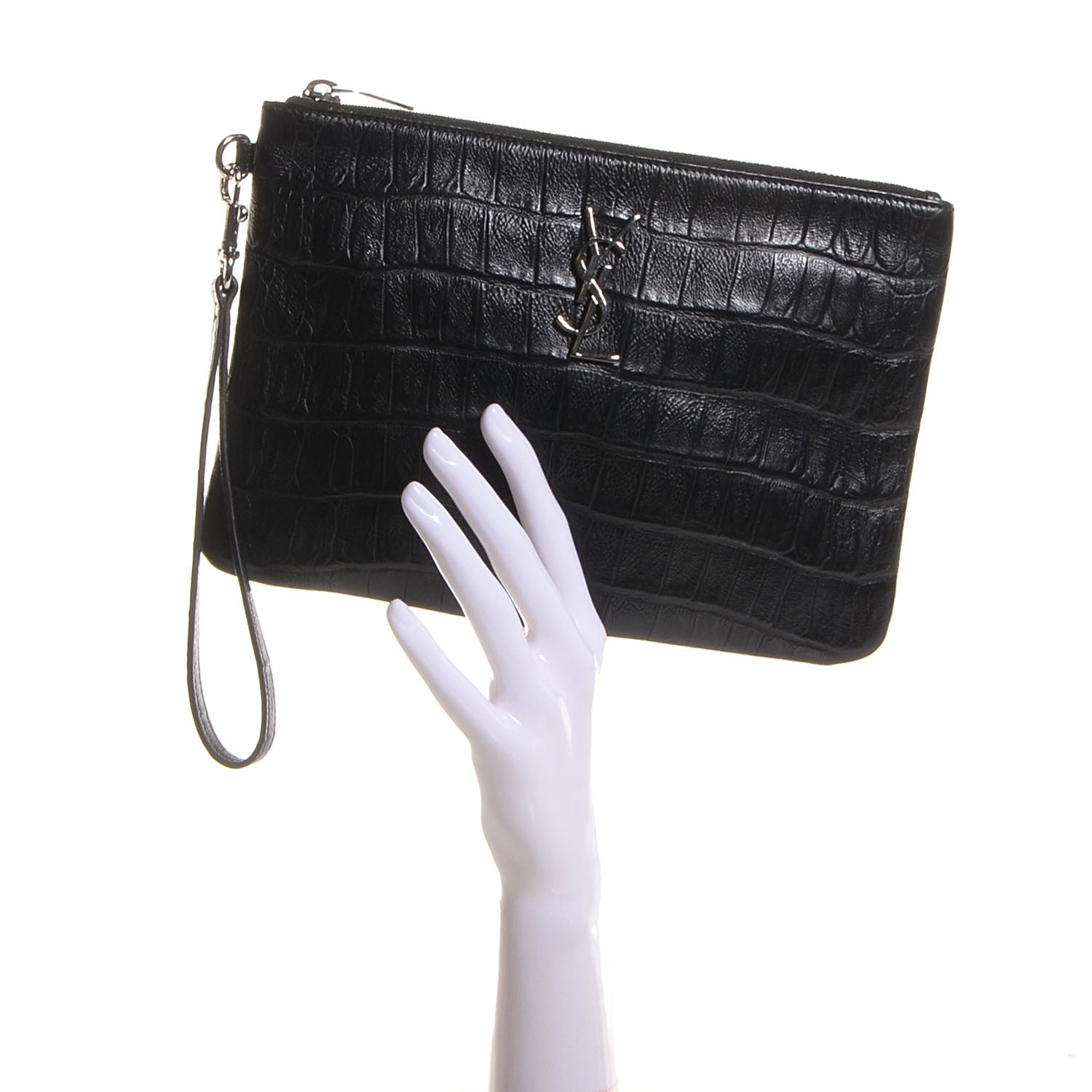 Saint Laurent Calfskin Crocodile Embossed Monogram Zip Pouch Black 2 of 9