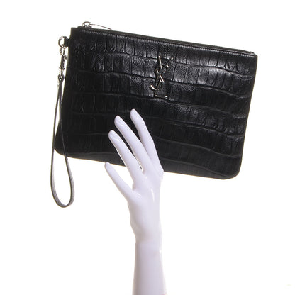 Saint Laurent Calfskin Crocodile Embossed Monogram Zip Pouch Black 2 of 9