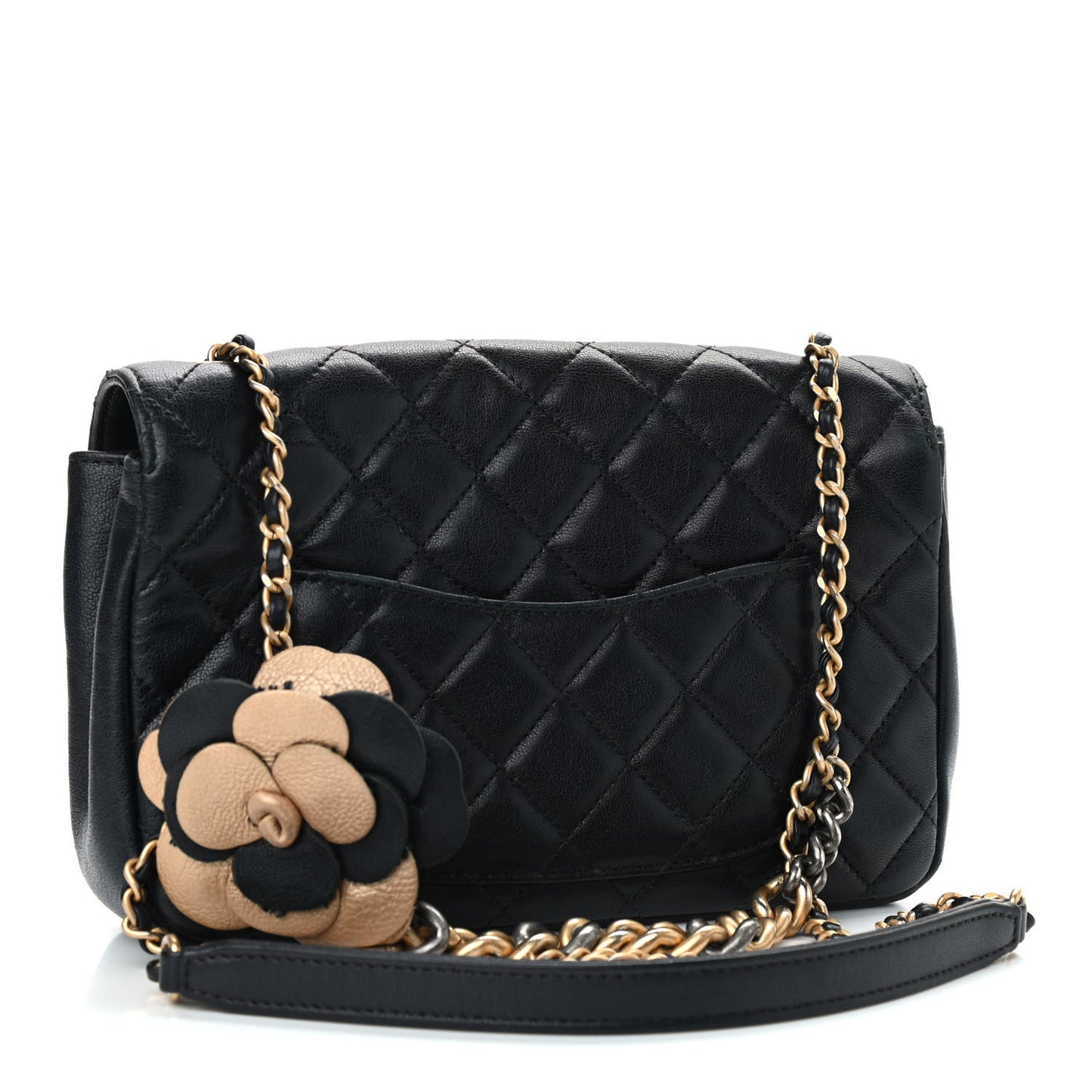 Lambskin Quilted Camellia Flower Flap Black