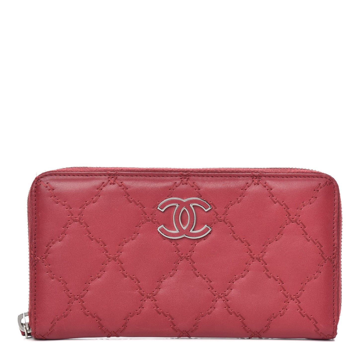 Calfskin Double Stitch Hamptons Zip Around Wallet Red