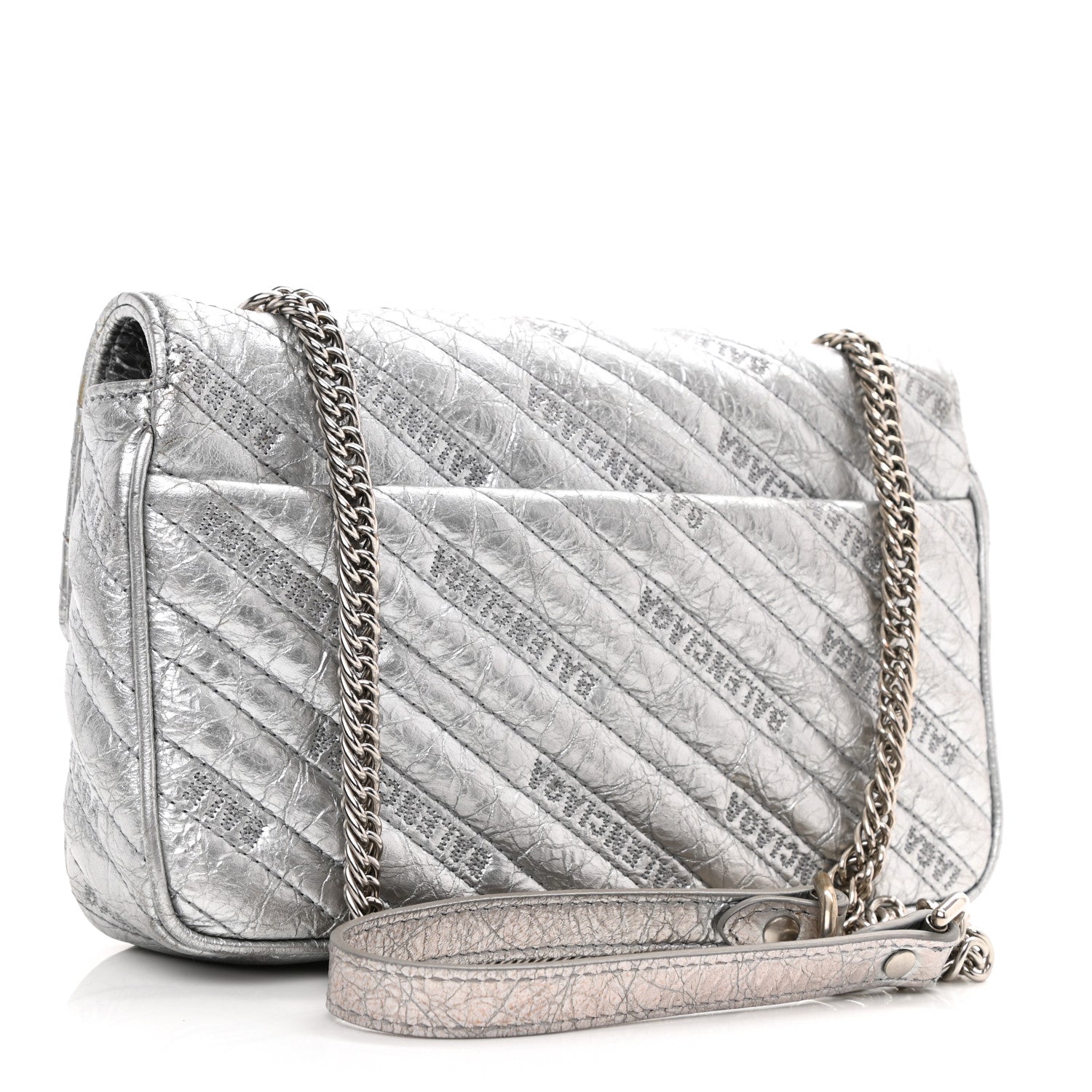 Balenciaga Metallic Arena Calfskin Logo Matelasse BB Chain Wallet Argent 5 of 13