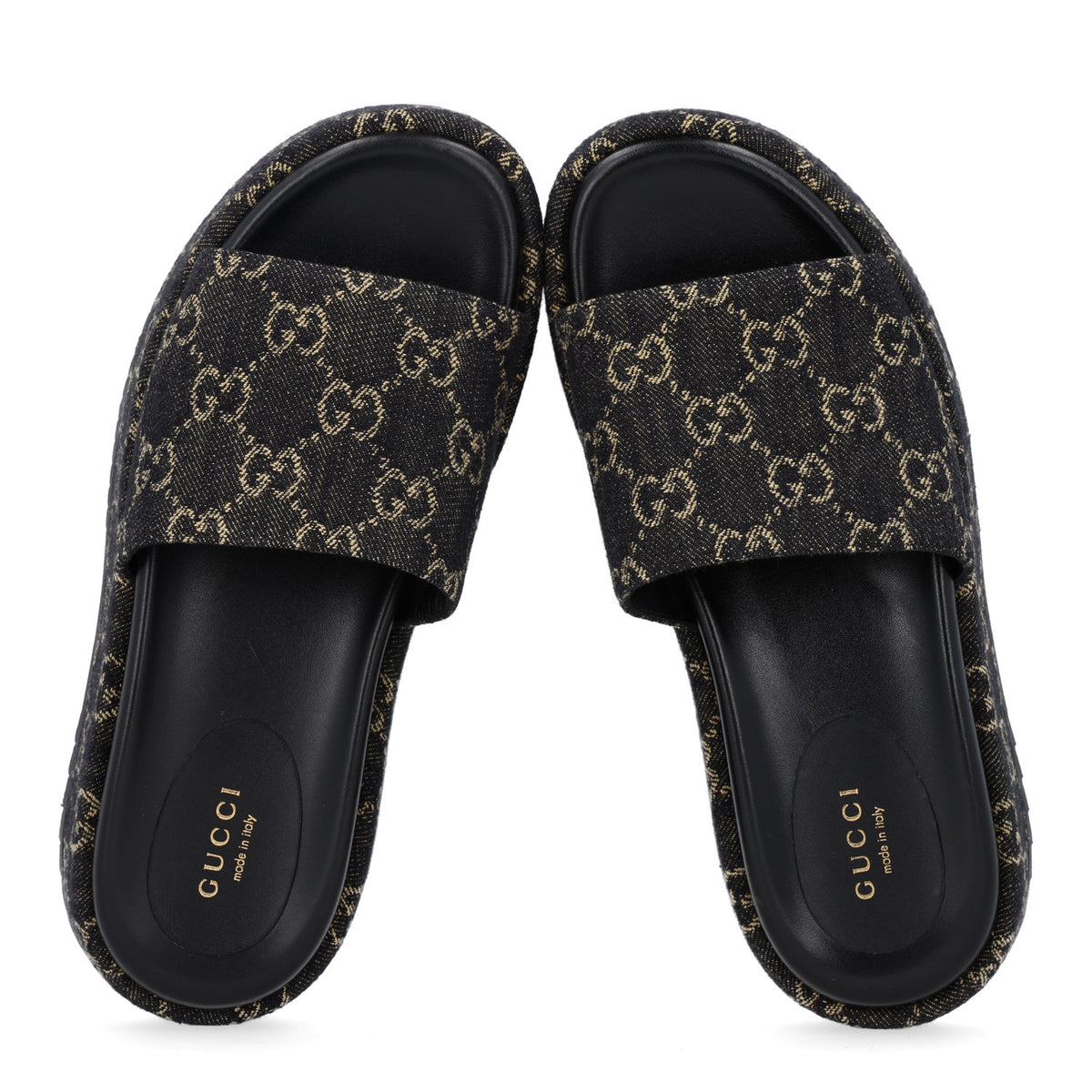 Jacquard Black Denim GG Monogram Angelina Platform 55mm Slide Sandals 37 Black Ivory