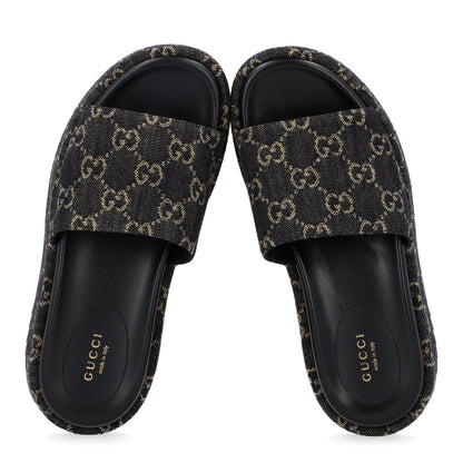 Gucci Jacquard Black Denim GG Monogram Angelina Platform 55mm Slide Sandals 37 Black Ivory 2 of 10