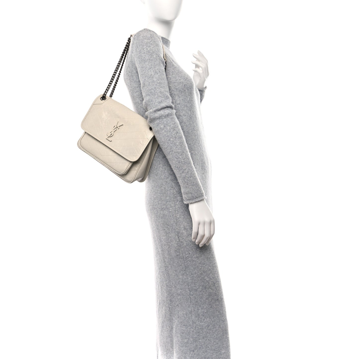 Crinkled Calfskin Matelasse Monogram Medium Niki Chain Satchel Blanc Vintage