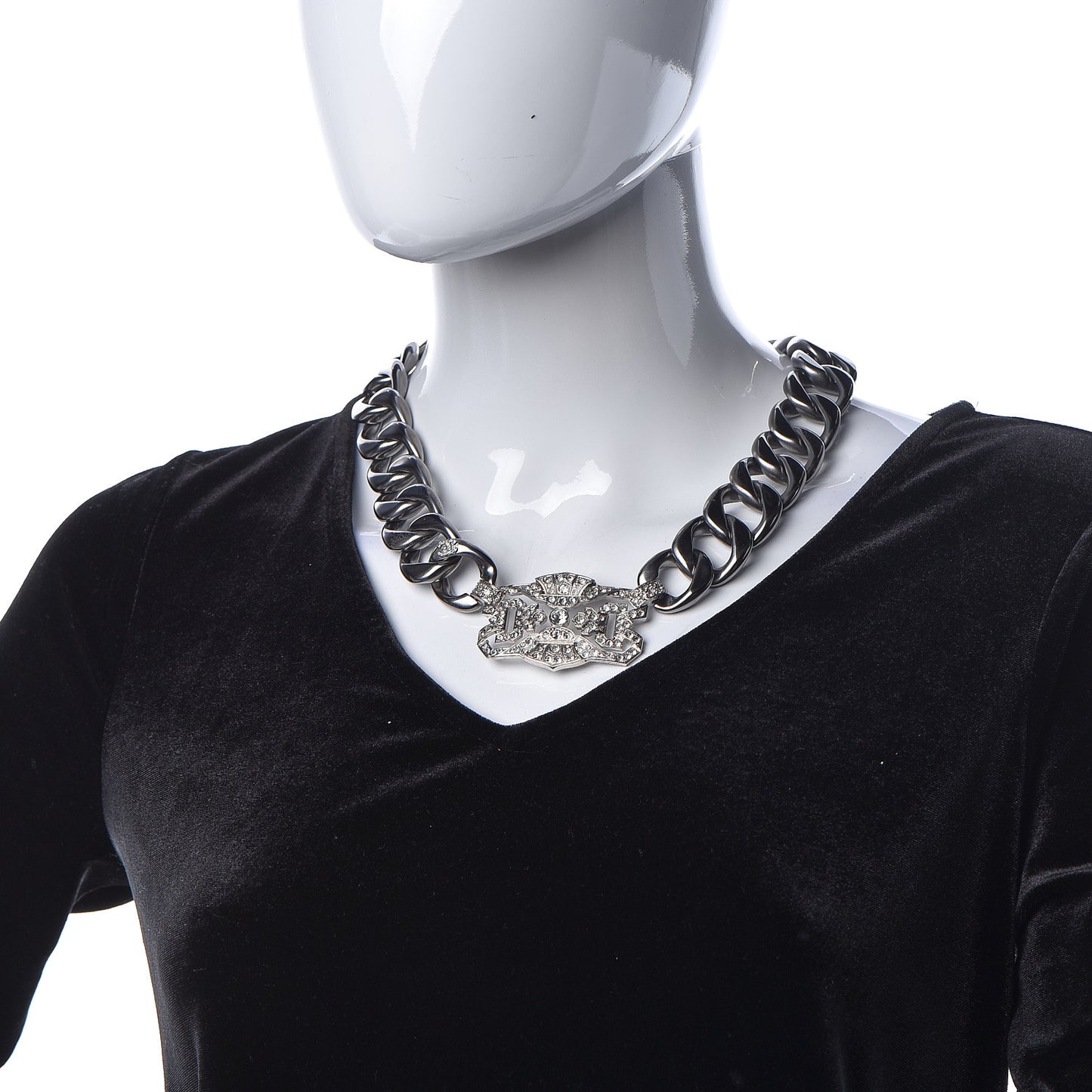 Crystal CC Chain Link Choker Necklace Dark Silver