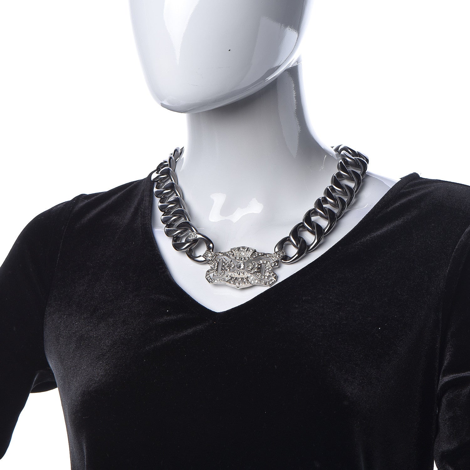Chanel Crystal CC Chain Link Choker Necklace Dark Silver 2 of 5