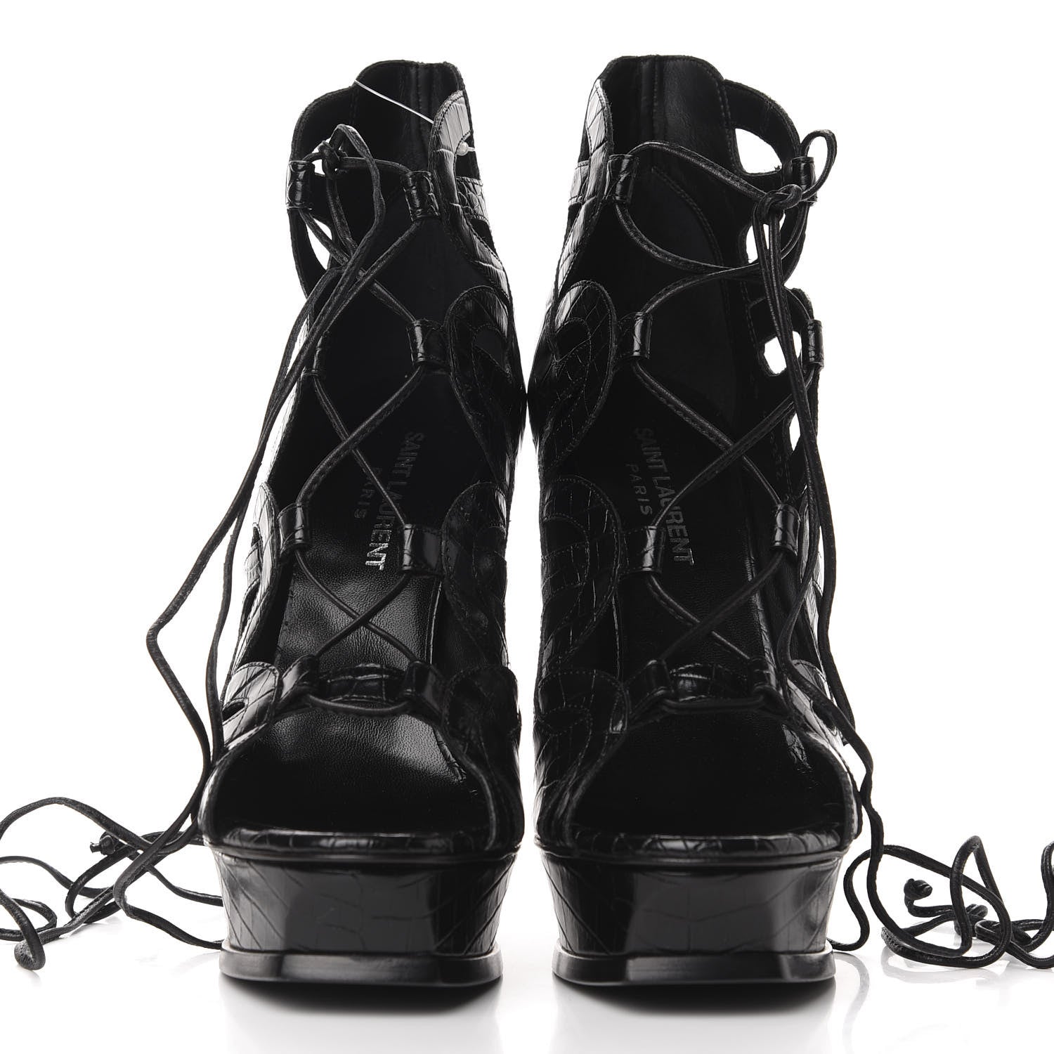 Saint Laurent Calfskin Crocodile Embossed Tribute 16 Lace Up Platform Sandals 38 Black 2 of 11