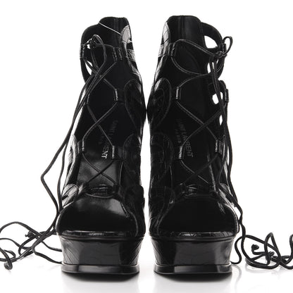 Saint Laurent Calfskin Crocodile Embossed Tribute 16 Lace Up Platform Sandals 38 Black 2 of 11