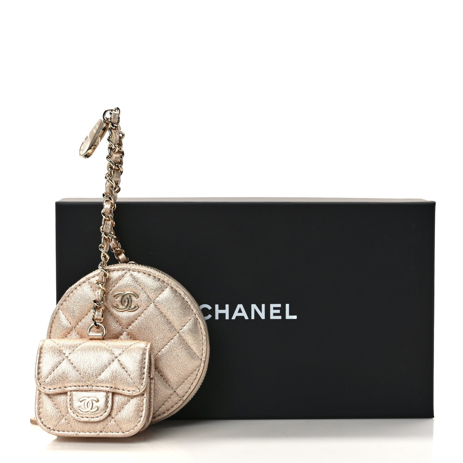 Chanel Metallic Lambskin Quilted Round Clip On Coin Purse Airpods Case Gold 10 of 10