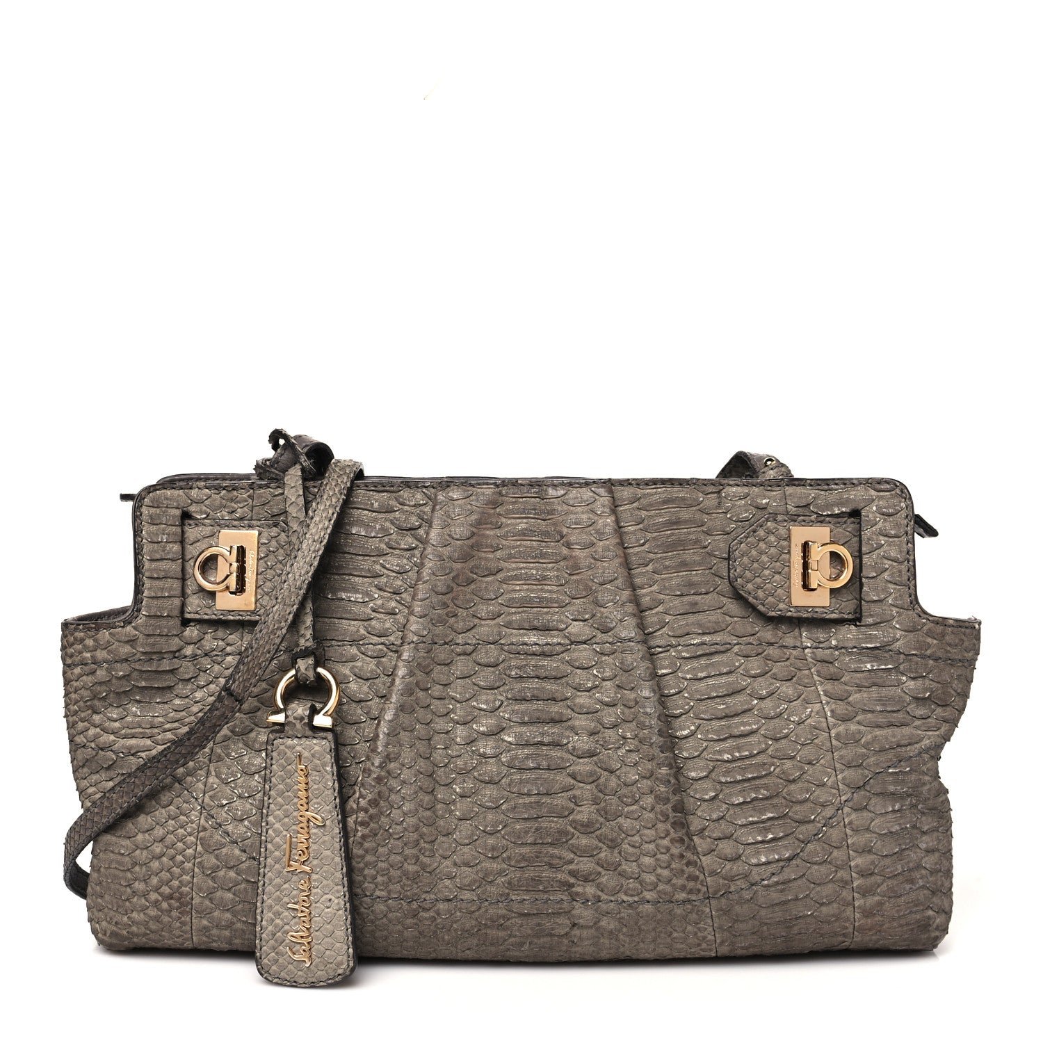 Salvatore Ferragamo Snakeskin Gancio Satchel Clutch 1 of 12