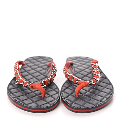 Chanel Suede Calfskin Quilted Chain Thong Sandals 36.5 Red 2 of 12