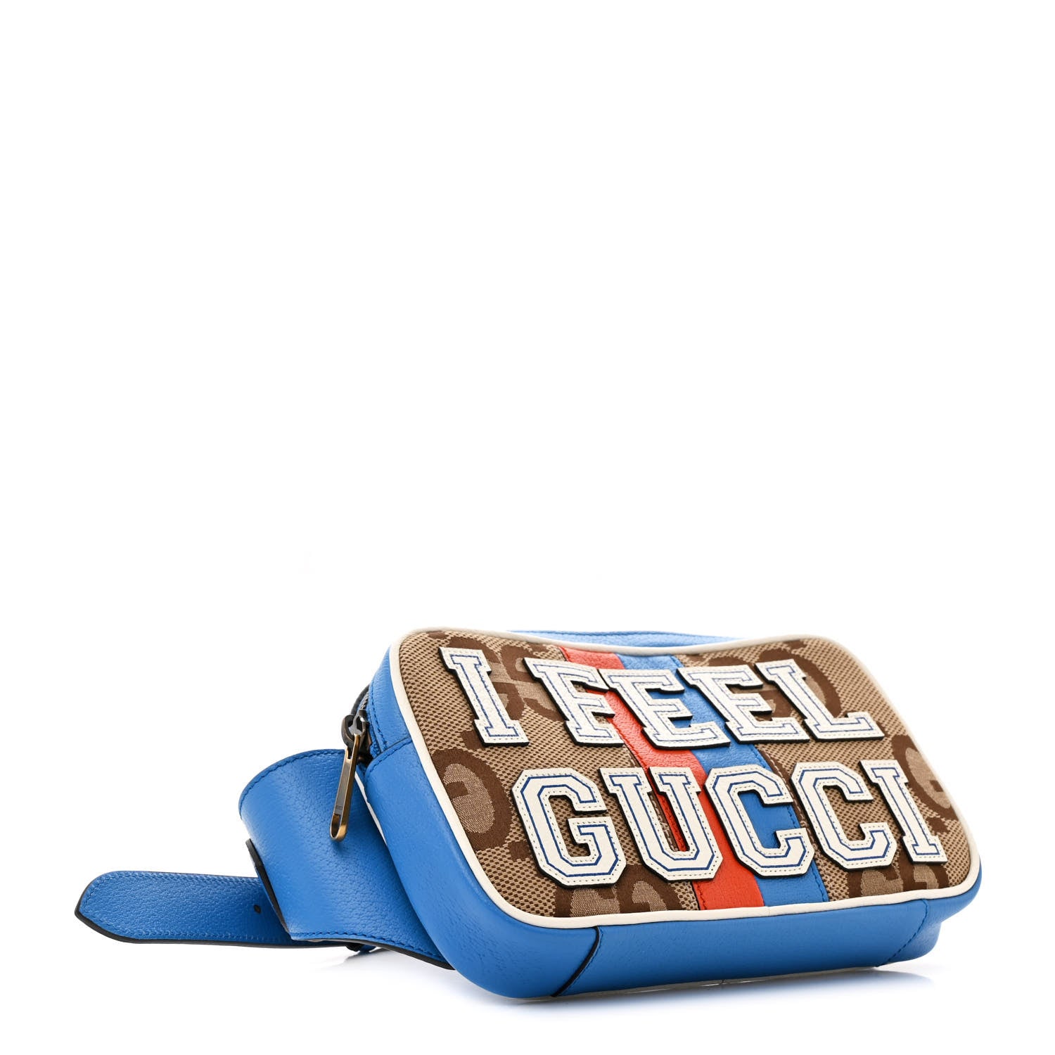Gucci Monogram Jumbo GG Textured Dollar Calfskin Web I Feel Gucci Belt Bag Camel Ebony Blue 4 of 11