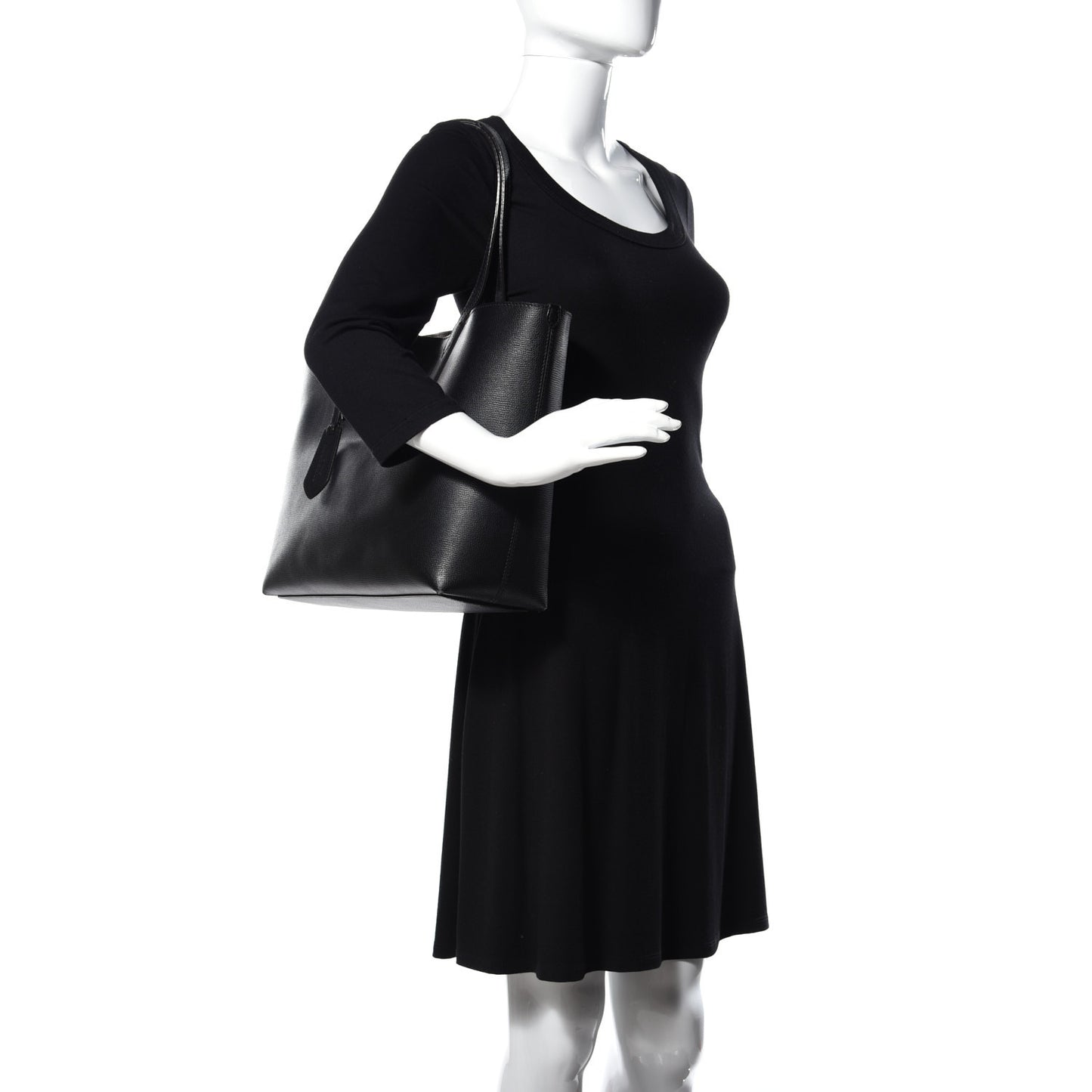 Grainy Calfskin Haymarket Check Medium Reversible Tote Black