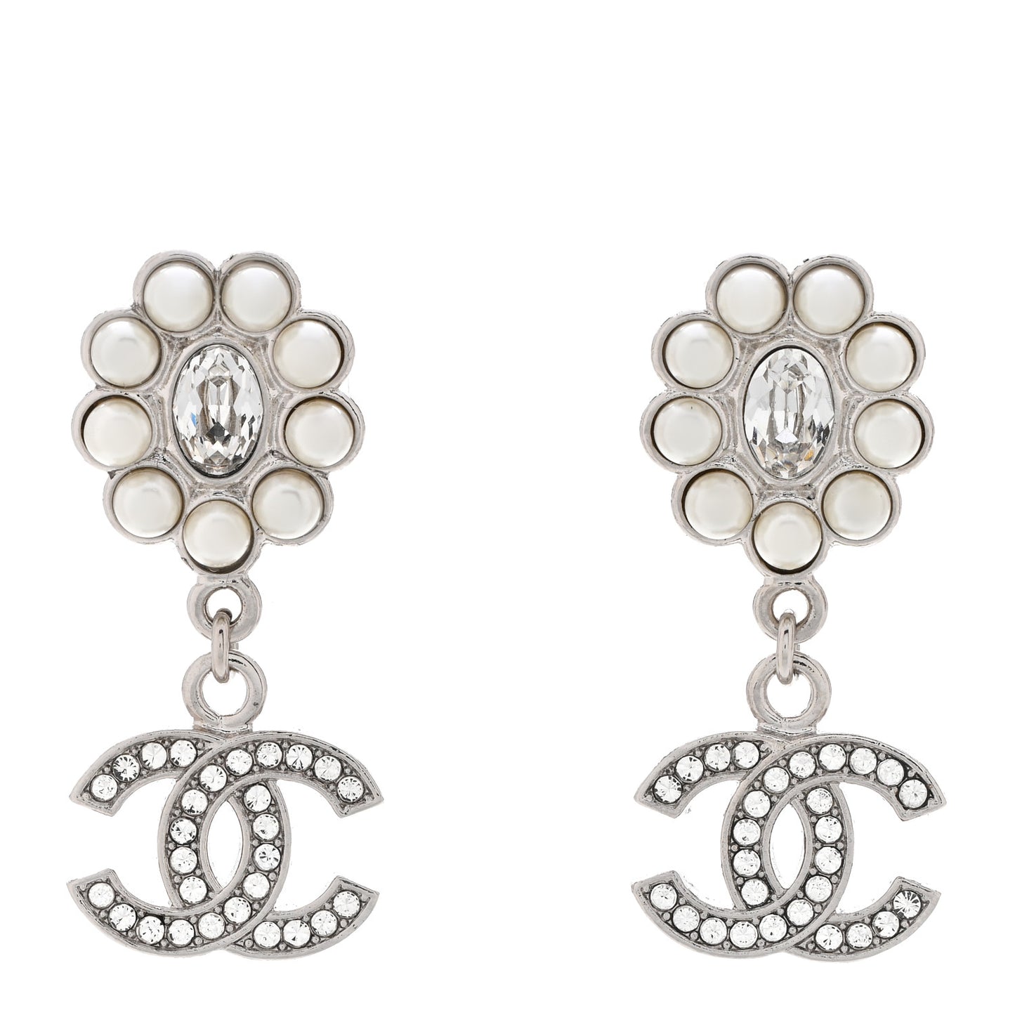 Crystal Pearl CC Drop Earrings Silver