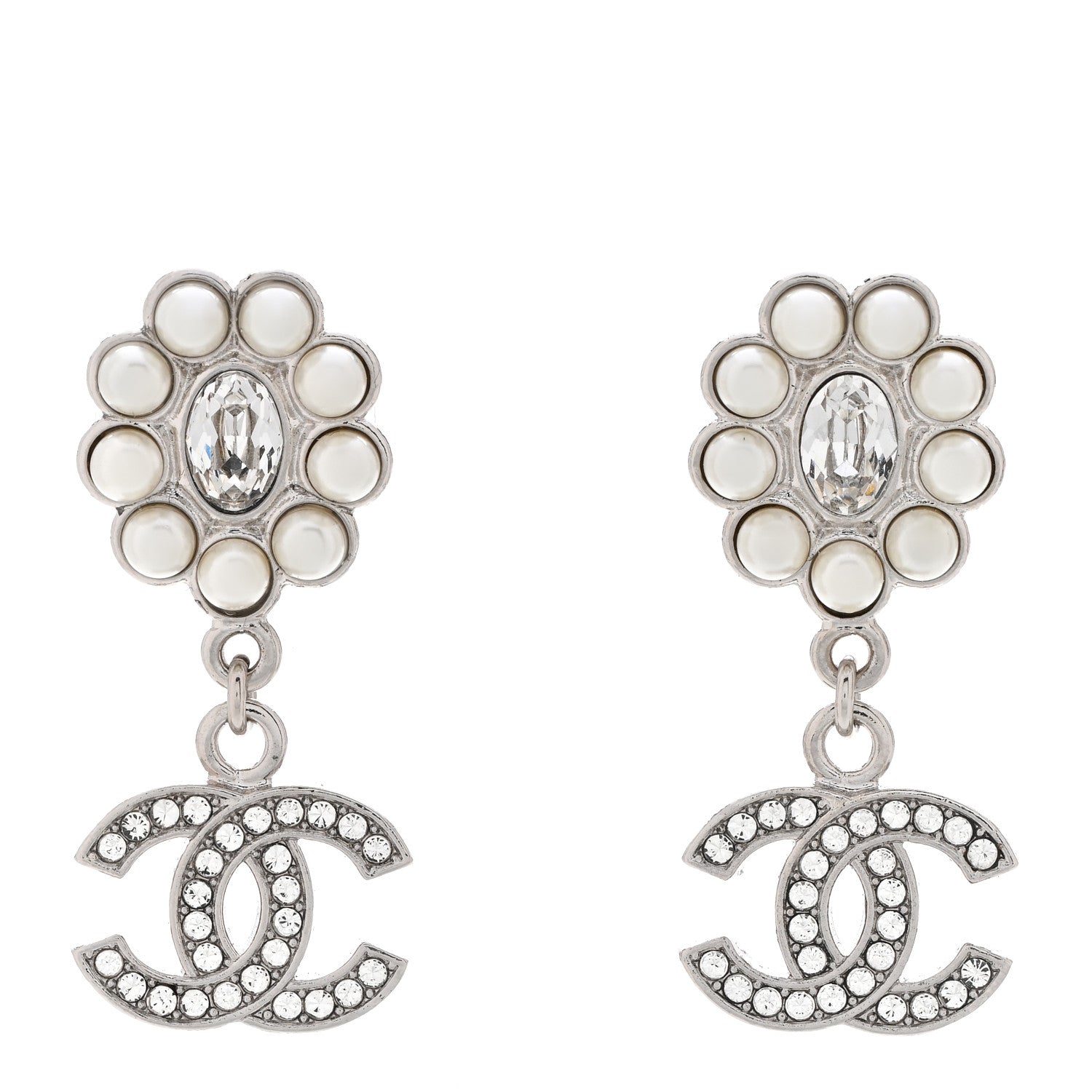 Chanel Crystal Pearl CC Drop Earrings Silver 1 of 5