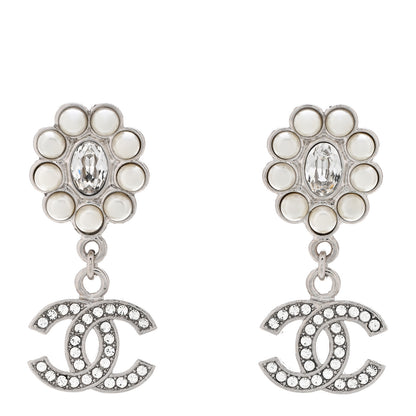 Chanel Crystal Pearl CC Drop Earrings Silver 1 of 5